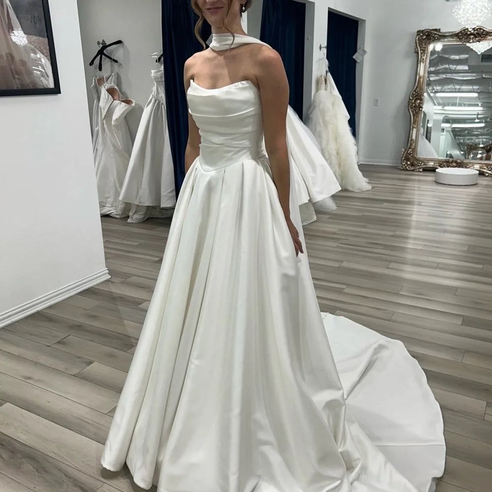 White Strapless Satin Basque Waist Wedding Dresses Near Me