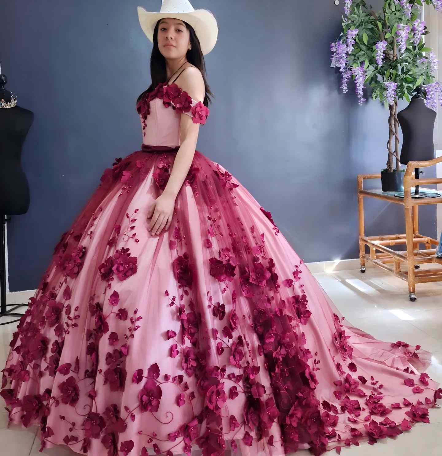 Wine Red Floral Quinceanera Dresses Off the Shoulder for Sweet 16