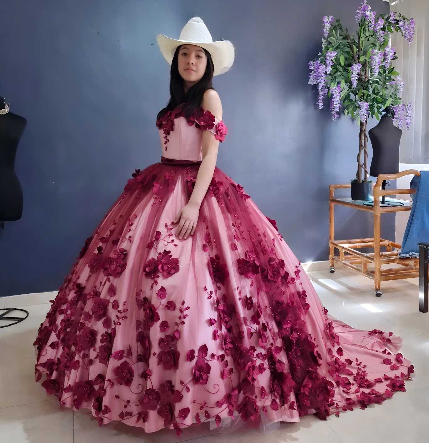 Wine Red Floral Quinceanera Dresses Off the Shoulder for Sweet 16