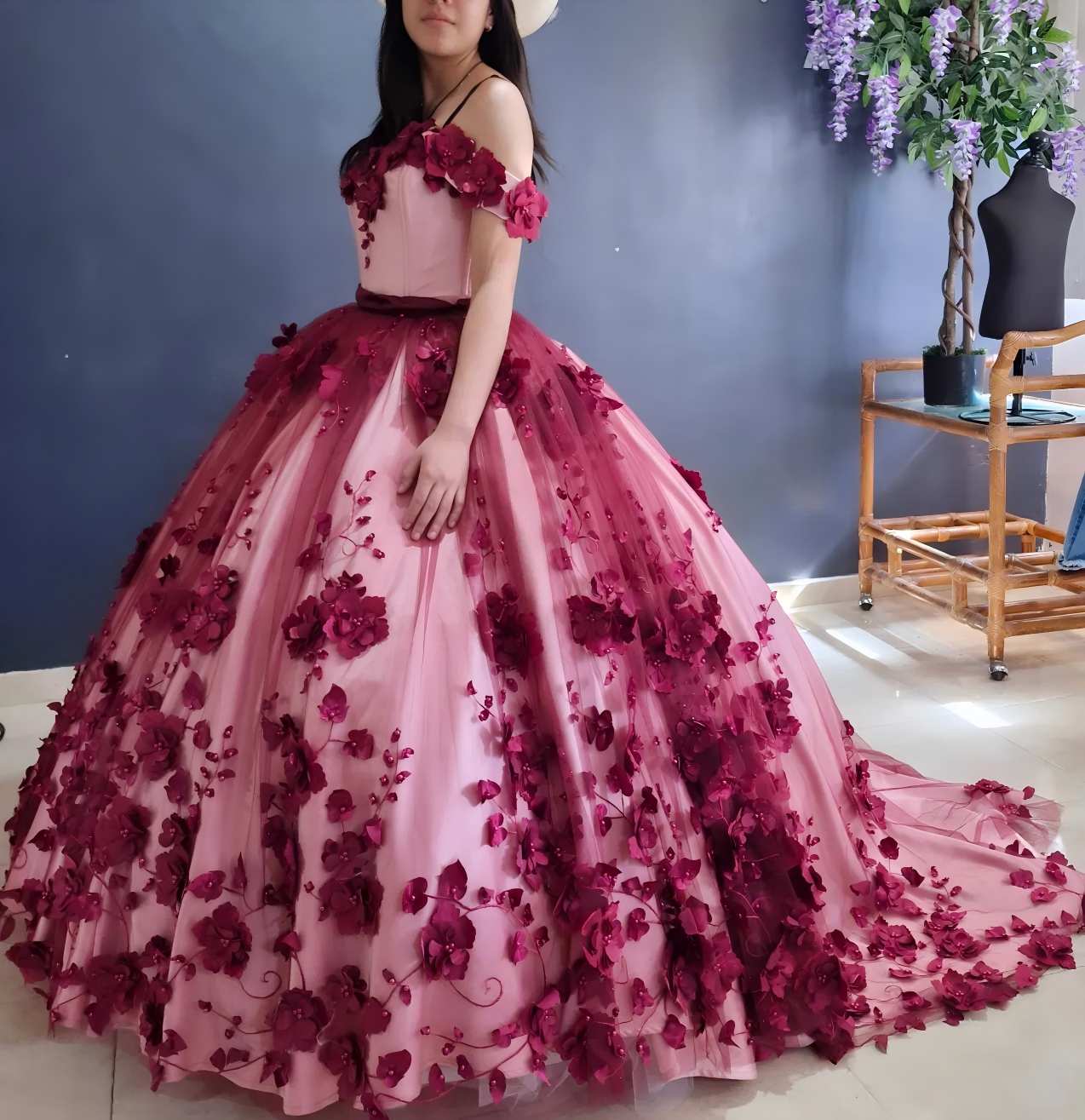 Wine Red Floral Quinceanera Dresses Off the Shoulder for Sweet 16