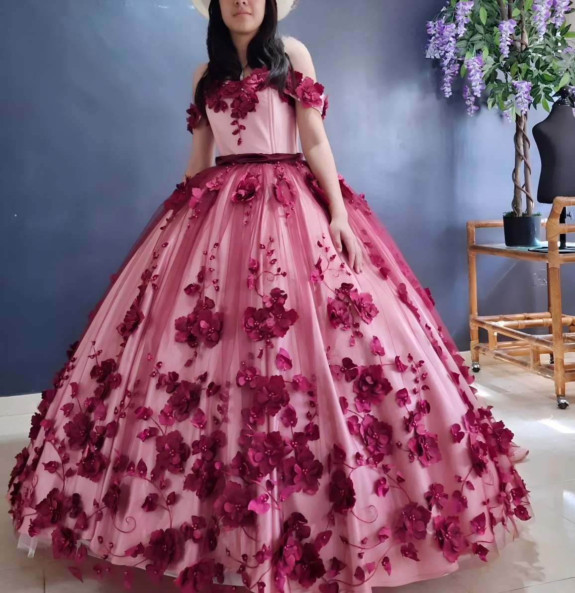 Wine Red Floral Quinceanera Dresses Off the Shoulder for Sweet 16