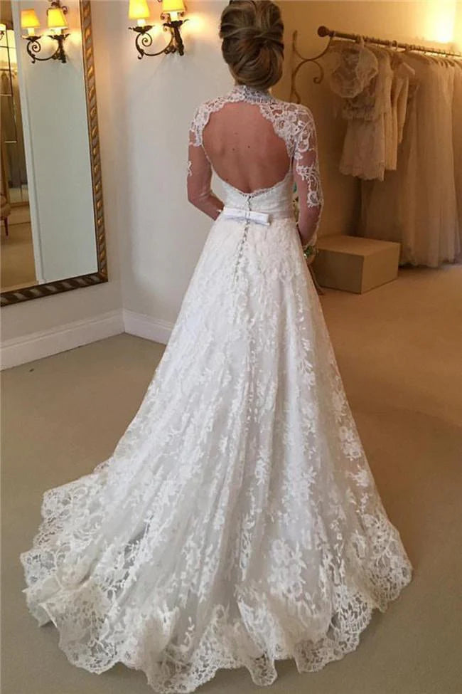 Winter Lace Wedding Dress High Neck Open Back Long Sleeve Bridal Dress