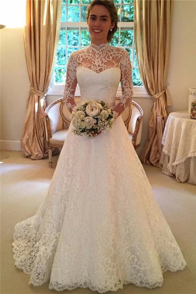 Winter Lace Wedding Dress High Neck Open Back Long Sleeve Bridal Dress