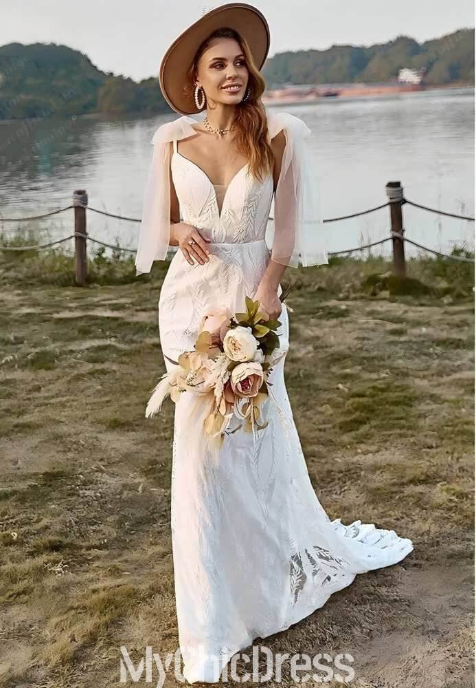 Women Lace Bohemian Wedding Dress Mermaid V-neck Tulle Straps