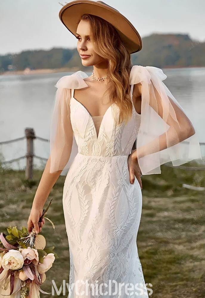 Women Lace Bohemian Wedding Dress Mermaid V-neck Tulle Straps