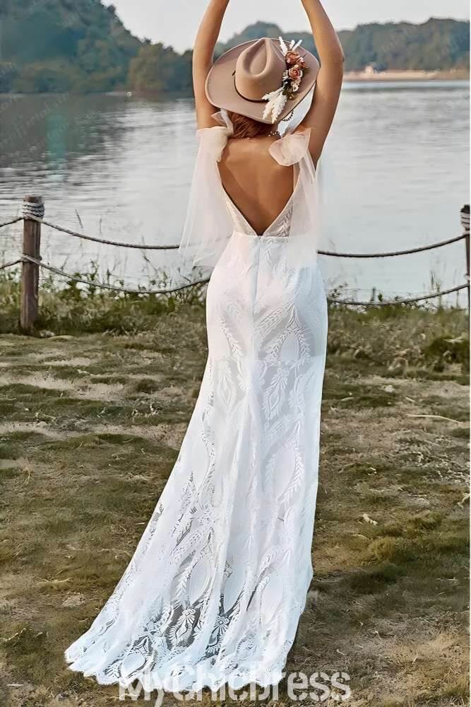Women Lace Bohemian Wedding Dress Mermaid V-neck Tulle Straps