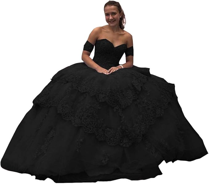 Women's Quinceanera Dress black Lace Applique with Detachable Sleeves Mychicdress