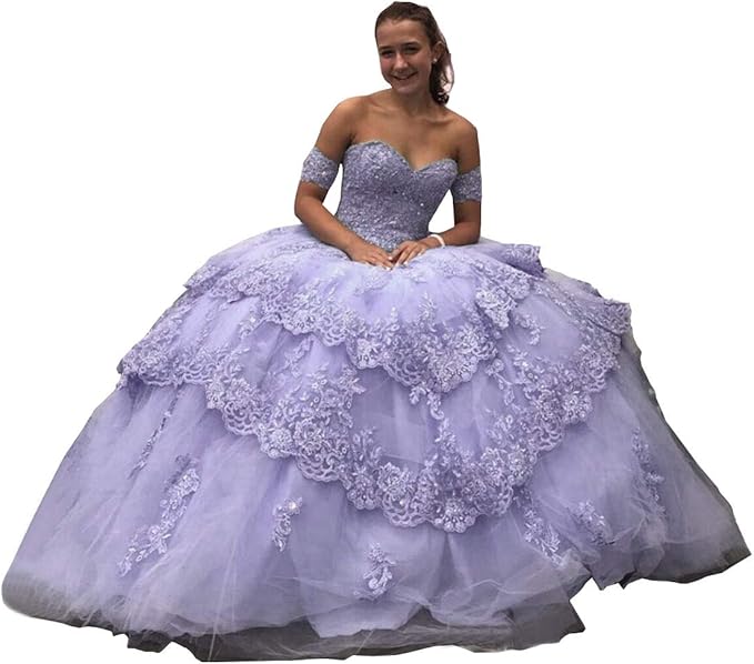 Women's Quinceanera Dress lavender Lace Applique with Detachable Sleeves Mychicdress