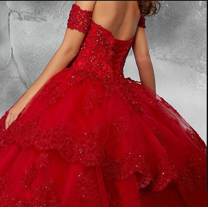 Women's Quinceanera Dress red Lace Applique with Detachable Sleeves Mychicdress