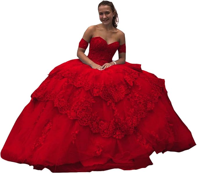 Women's Quinceanera Dress red Lace Applique with Detachable Sleeves Mychicdress
