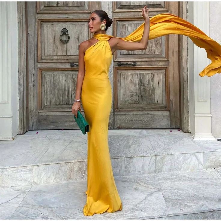 Yellow-satin-wedding-guest-dress-halter-maxi-dress-mychicdress