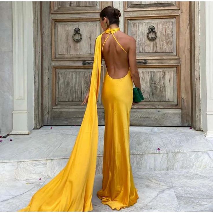 Yellow-satin-wedding-guest-dress-halter-formal-maxi-dress-mychicdress