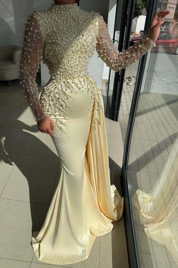 Yellow High-Neck Mermaid Prom Dress Long Sleeves with Pearls