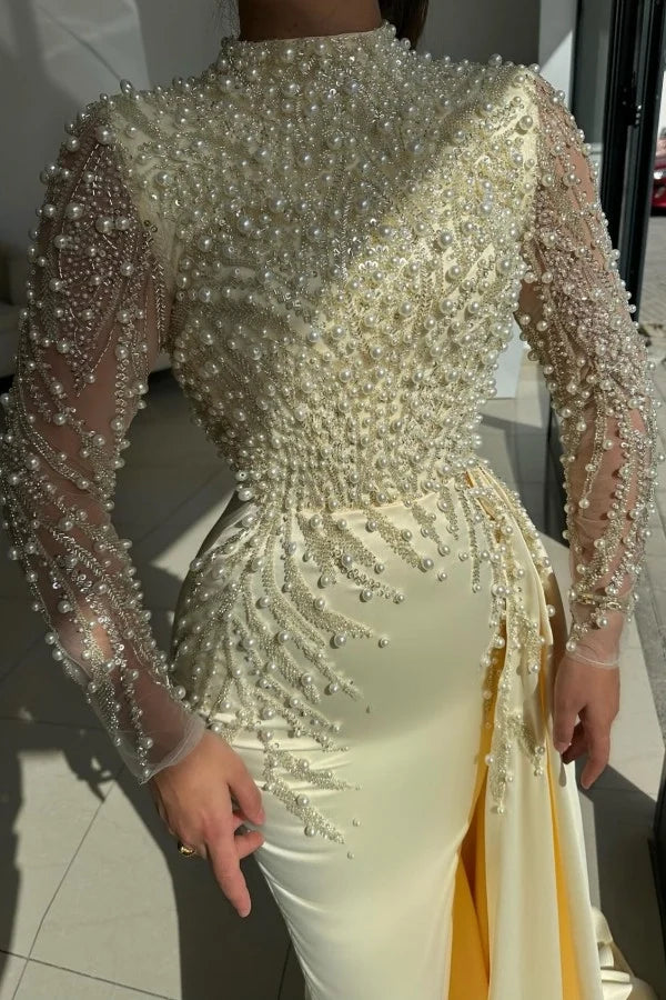Yellow High-Neck Mermaid Prom Dress Long Sleeves with Pearls