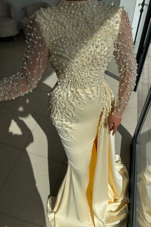 Yellow High-Neck Mermaid Evening Dress Long Sleeves with Pearls