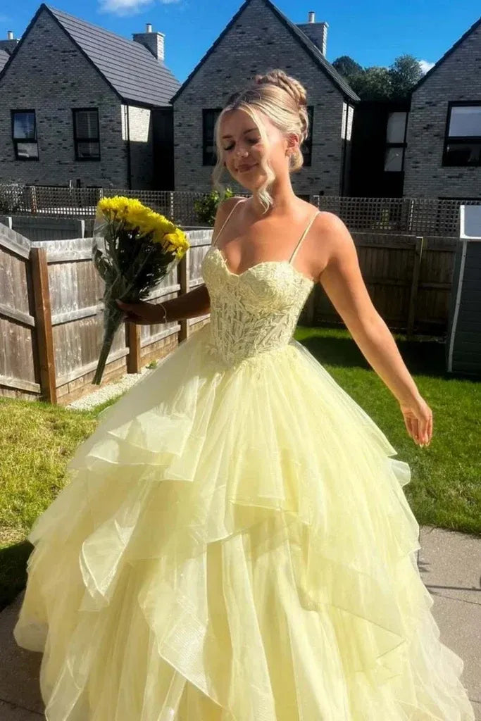 Yellow Lace Corset Prom Dress Ruffles Formal Dress Spaghetti Straps