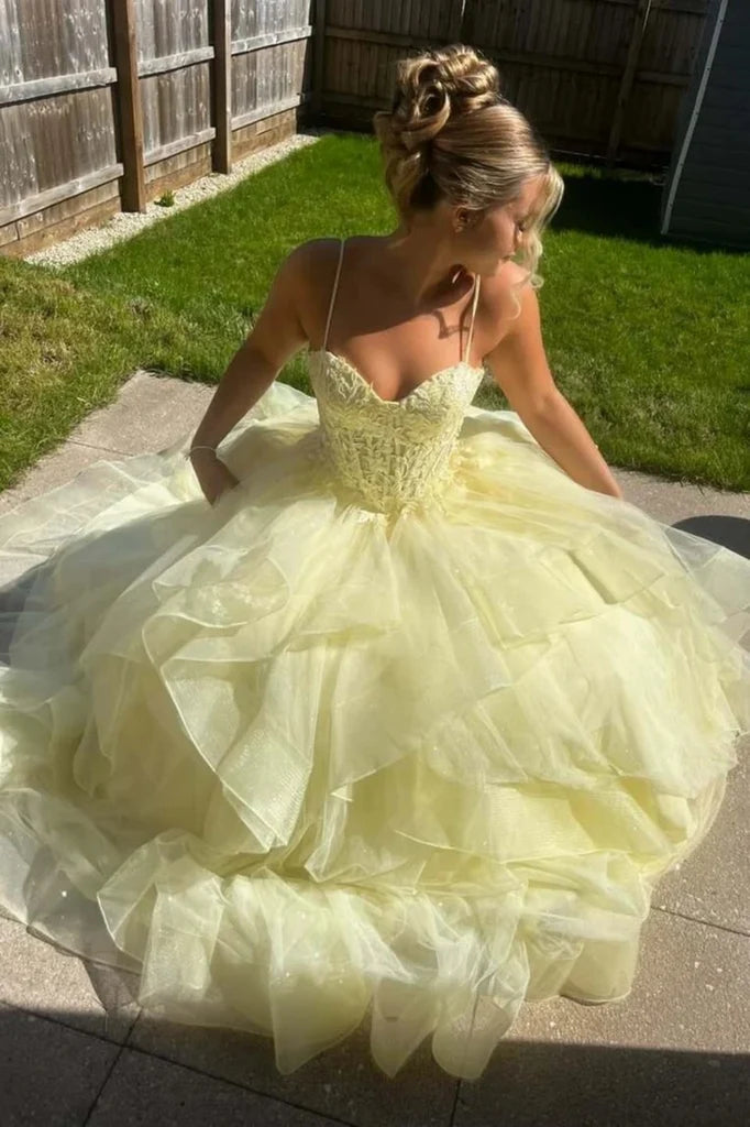 Yellow Lace Corset Prom Dress Ruffles Formal Dress Spaghetti Straps