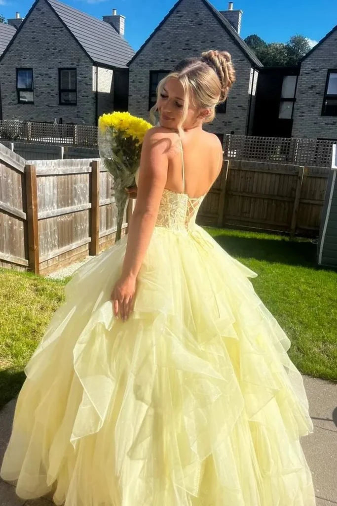 Yellow Lace Corset Prom Dress Ruffles Formal Dress Spaghetti Straps