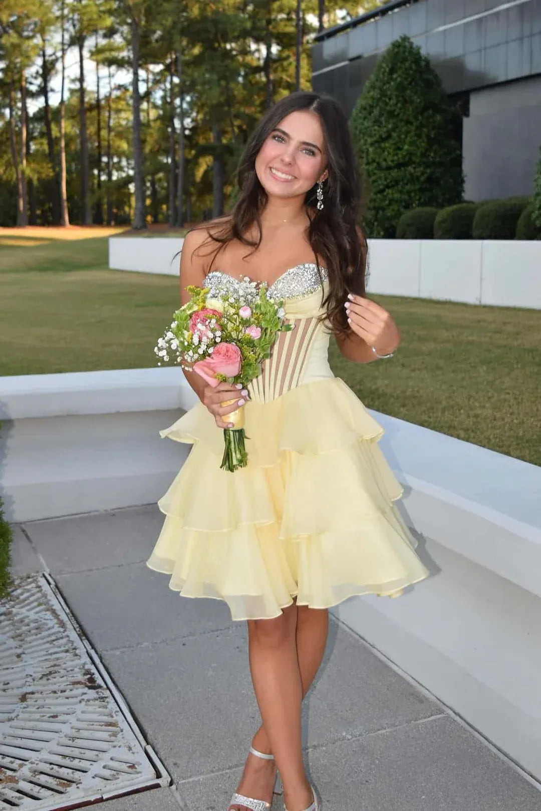 Yellow Sheer Corset Short Homecoming Dress Beaded with Ruffles