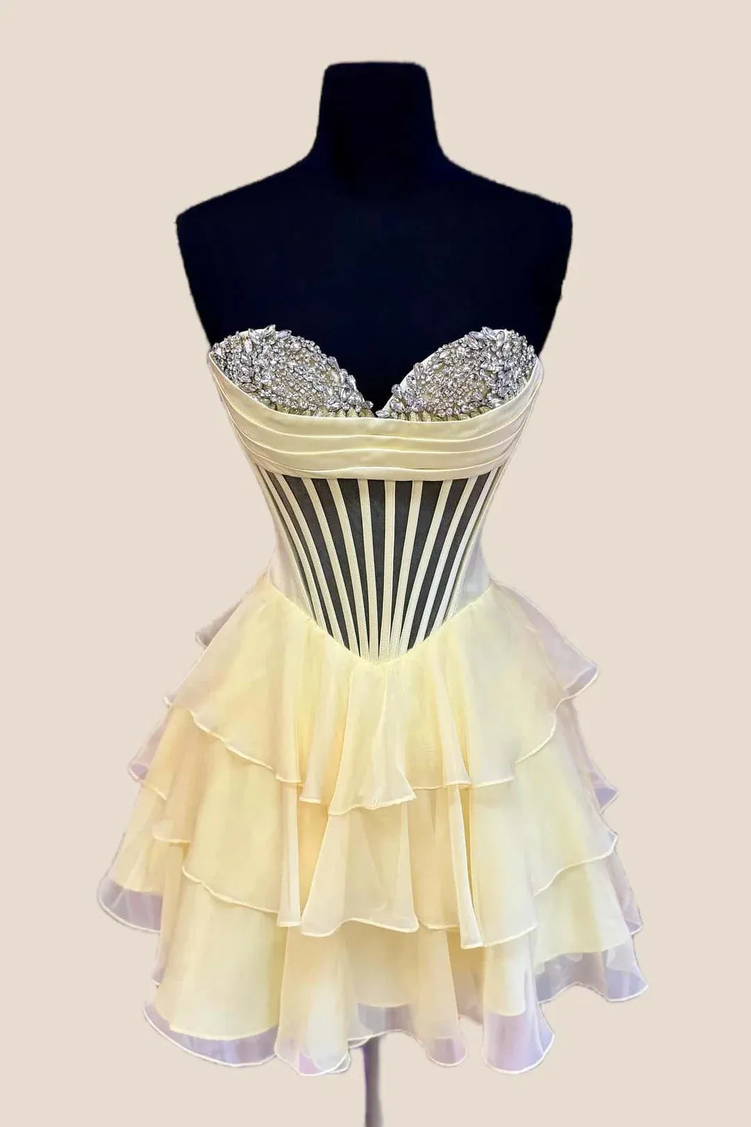 Yellow Sheer Corset Short Homecoming Dress Beaded with Ruffles