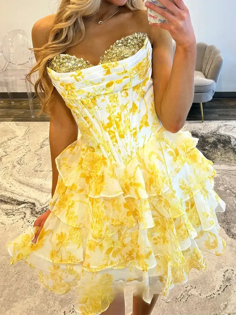 Pink Short Homecoming Dress Beaded Floral Sweetheart with Ruffle