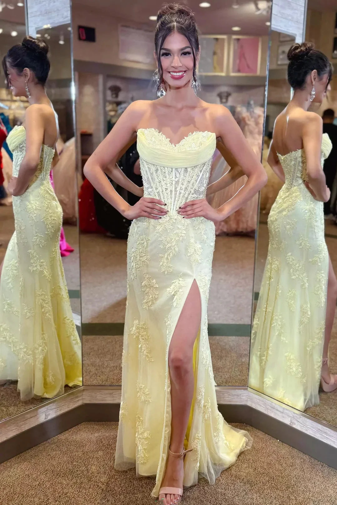 Strapless Corset Lace Prom Dress Yellow