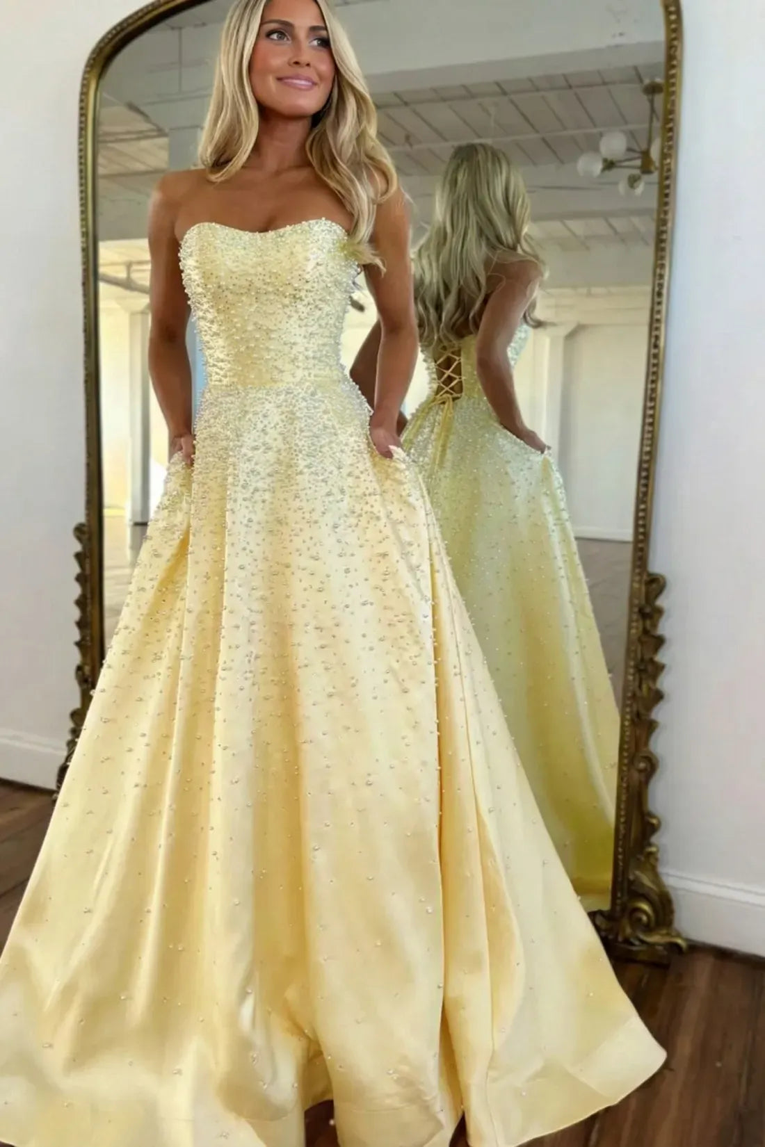 Light Blue Strapless Prom Dress Pearls A-line Satin Evening Dress Sweetheart