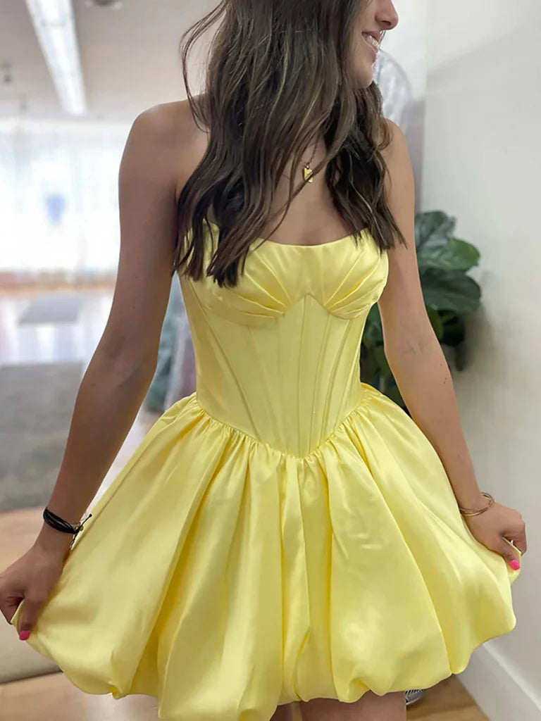 Yellow Strapless Satin Corset Cocktail Dress Short Homecoming Dresses