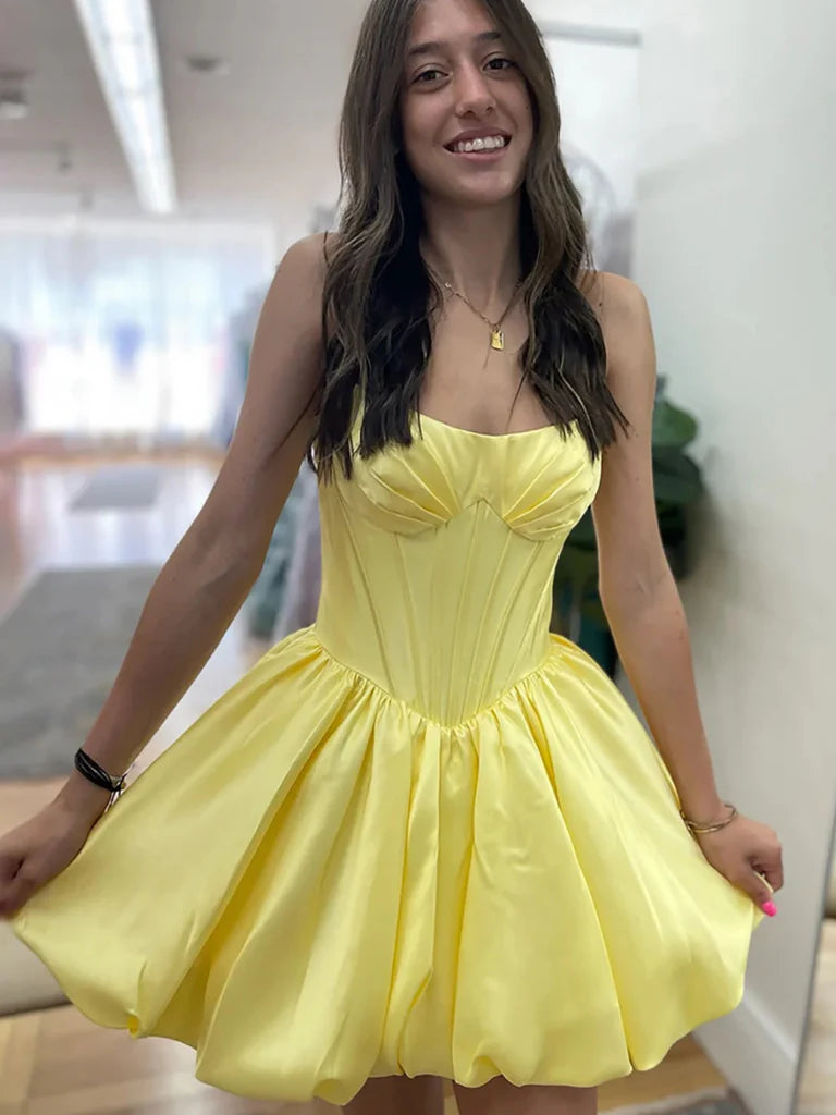 Yellow Strapless Satin Corset Cocktail Dress Short Homecoming Dresses