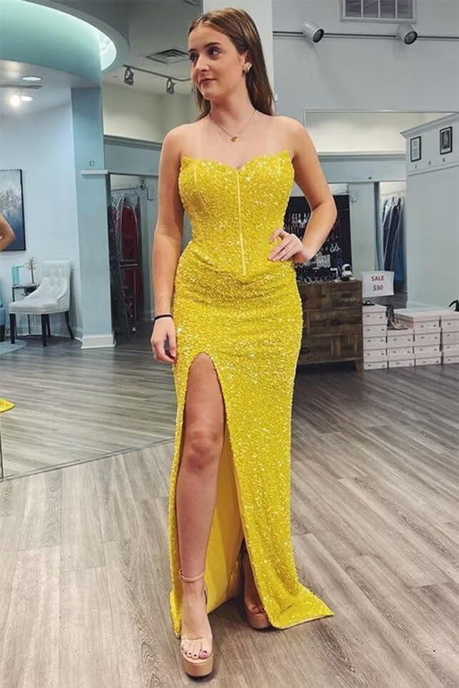 Orange Mermaid Sequined Prom Dress Sweetheart with Slit