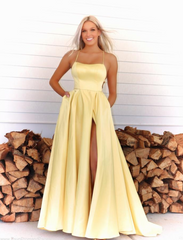 2024 A Line Chiffon Pastel Yellow Prom Dresses with Strappy Back
