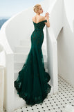 Mermaid Tulle Emerald Green Lace Prom Dress with Beaded