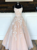 A Line Champagne Lace Prom Dresses Long Evening Gown