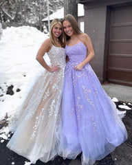 A Line Champagne Lace Prom Dresses Long Evening Gown