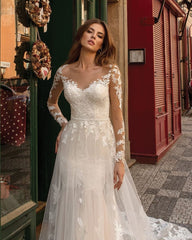 Modern Long Sleeves Mermaid Lace Ivory Wedding Dresses