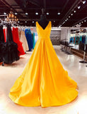 A Line Long V Neck Sleeveless Yellow Prom Formal Dresses