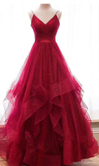 A Line Spaghetti Straps Sparkly 2024 Red Tulle Prom Dresses