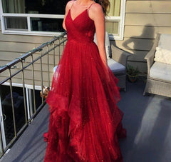 A Line Spaghetti Straps Sparkly 2024 Red Tulle Prom Dresses