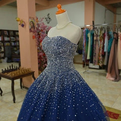Sparkly Beaded Strapless Navy Blue Ball Gown Prom Dresses