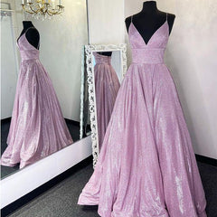 A Line Spaghetti Strap Pink Glitter Metallic Prom Dresses With Pockets
