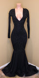 Mermaid Lace Sequins V Neck Long Sleeveless Black Prom Dresses
