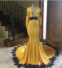 Deep V Neck Yellow Prom Dresses Black Lace Applique Evening Gown