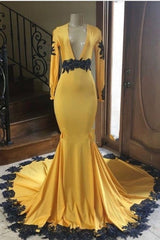Deep V Neck Yellow Prom Dresses Black Lace Applique Evening Gown