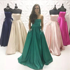A Line Beaded Satin Long Homecoming Dresses with Pocket