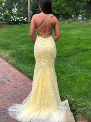 Long Mermaid Yellow Prom Dresses Lace Evening Dress Spaghetti Straps