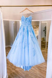 Real A Line Spaghetti Straps Sleeveless Blue Lace Prom Dresses