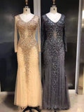 Long Sleeves Mermaid Crystals Prom Dresses Bling Bling Evening Gown