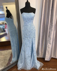 2024 Lace Long Blue Prom Dresses Strapless Mermaid Evening Gown with Split