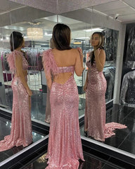 2024 Blush Pink Sequins Prom Dresses Mermaid Evening Dress One Shoulder