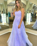 2023 Lilac Lace Prom Dresses A Line Long Formal Dress with Appliques